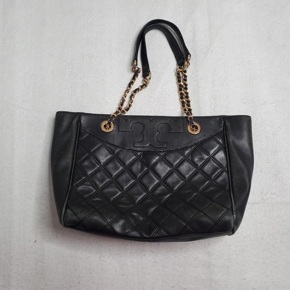 Tory Burch Womens Savannah Flat Tote Bag Black Quilted Leather Small